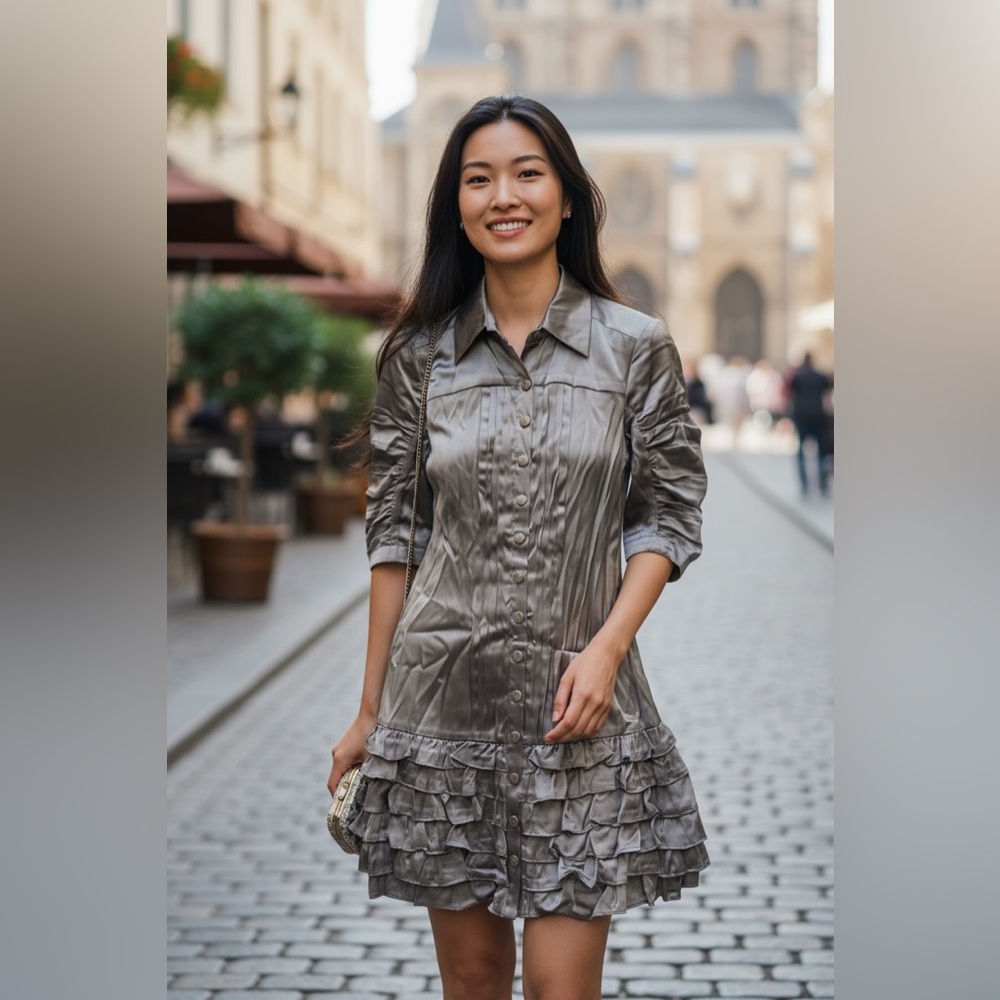 Satin Taupe Button Down Ruffle Dress – Size XS